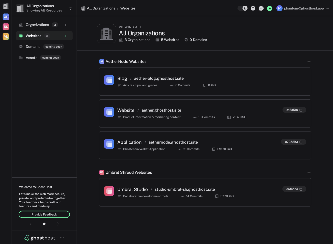 Ghost Host application screenshot of organization blocks
