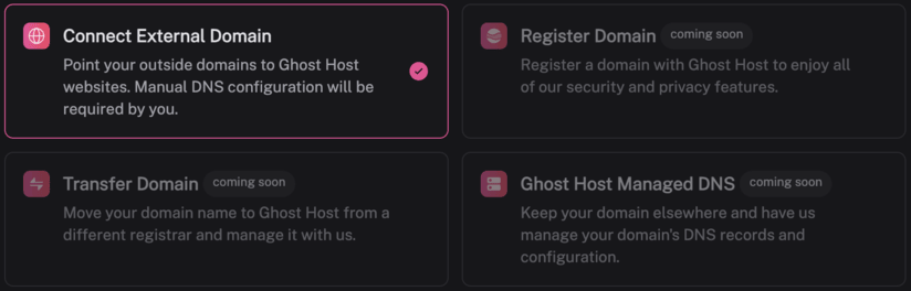 Ghost Host application screenshot of a domain add select option