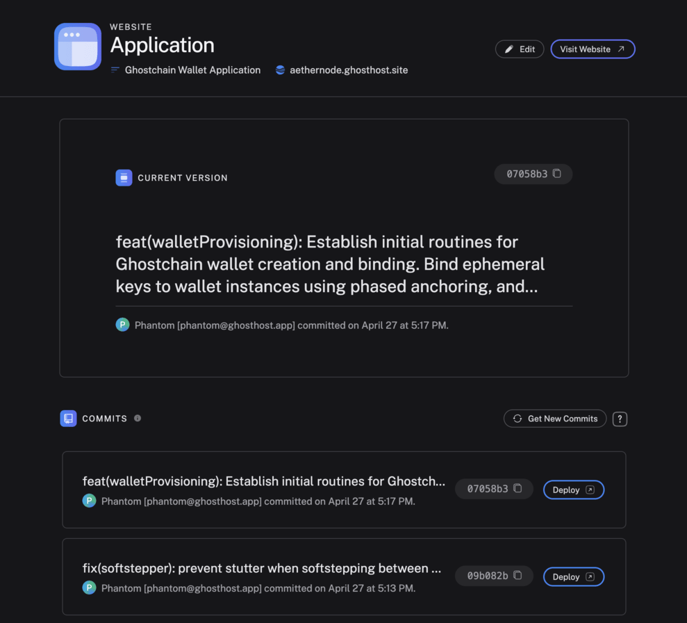 Ghost Host application screenshot of a website dashboard