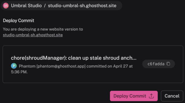 Ghost Host application screenshot of a website deployment popup