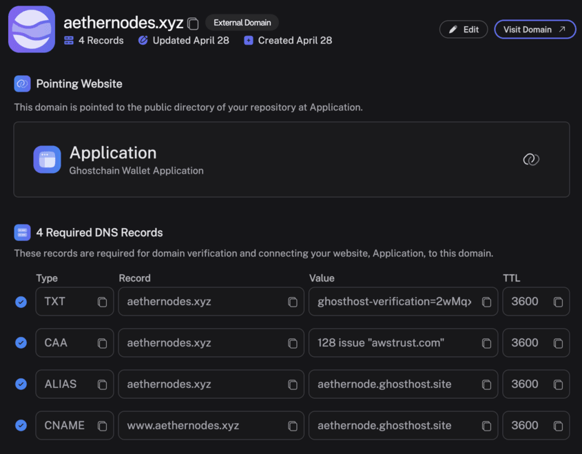 Ghost Host application screenshot of DNS records
