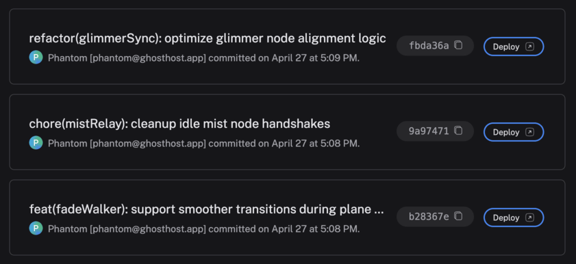 Ghost Host application screenshot of a list of deployable commits