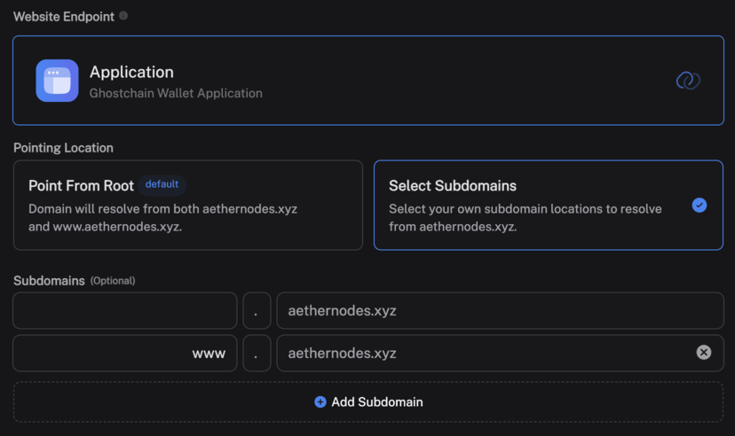 Ghost Host application screenshot of domain configuration